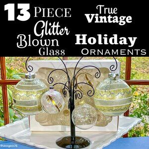 ▪️VTG▪️1980's 1990's Thirteen Piece Glitter Blown Glass Holiday Ornaments